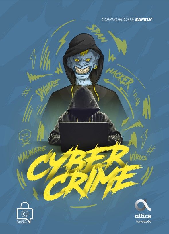 A poster of a scary man with a hoodie on a laptop with the words "cyber crime" below.
